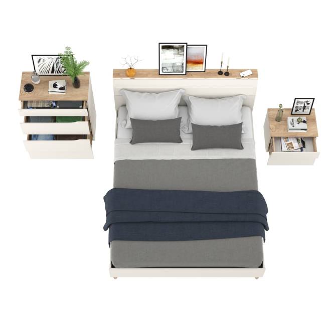 Муссон мебель для спальни: кровать 1600, основание, тумбочка и комод 4-ре ящика цвет белый/дуб эндгрейн элегантный