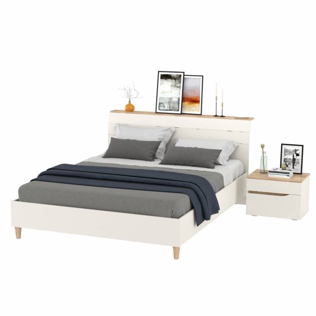 Кровать двуспальная Муссон 1600 с ортопедическим основанием и прикроватная тумба цвет белый/дуб эндгрейн элегантный Кровать двуспальная Муссон 1600 с ортопедическим основанием и прикроватная тумба цвет белый/дуб эндгрейн элегантный