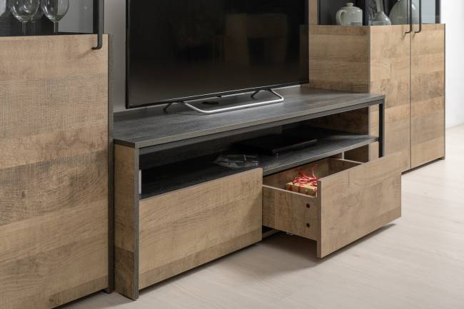 Два шкафа-пенала с подсветкой и тумба под ТВ Трувор № 18 цвет дуб гранж песочный/интра