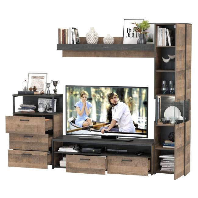 Стенка для гостиной с подсветкой Трувор № 23 цвет дуб гранж песочный/интра