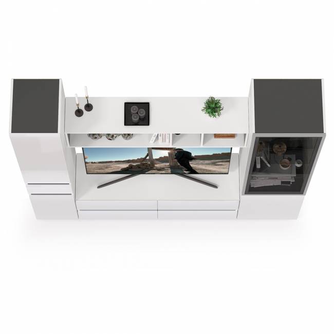 Стенка для гостиной Сидней Комплектация № 23 цвет белый/чёрный/фасады МДФ белый глянец Стенка для гостиной Сидней Комплектация № 23 цвет белый/чёрный/фасады МДФ белый глянец