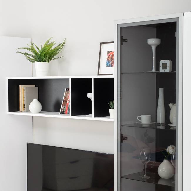 Стенка для гостиной Сидней Комплектация № 23 цвет белый/чёрный/фасады МДФ белый глянец Стенка для гостиной Сидней Комплектация № 23 цвет белый/чёрный/фасады МДФ белый глянец