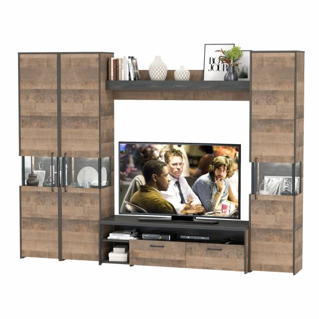 Три пенала-витрины в стиле лофт с подсветкой и тумба под ТВ Трувор цвет дуб гранж песочный/интра