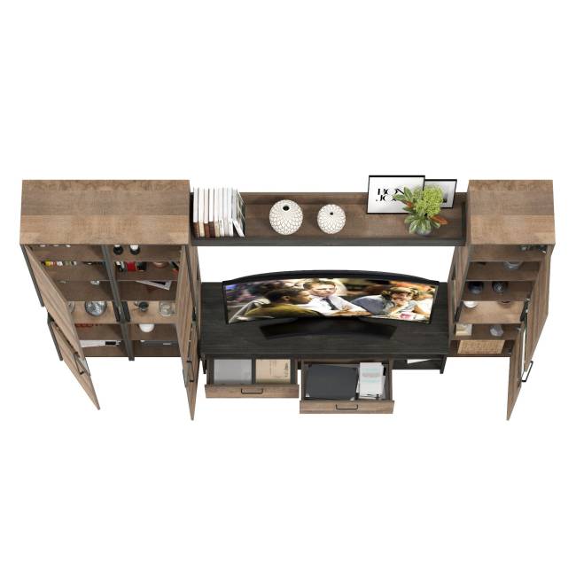 Три пенала-витрины в стиле лофт с подсветкой и тумба под ТВ Трувор цвет дуб гранж песочный/интра