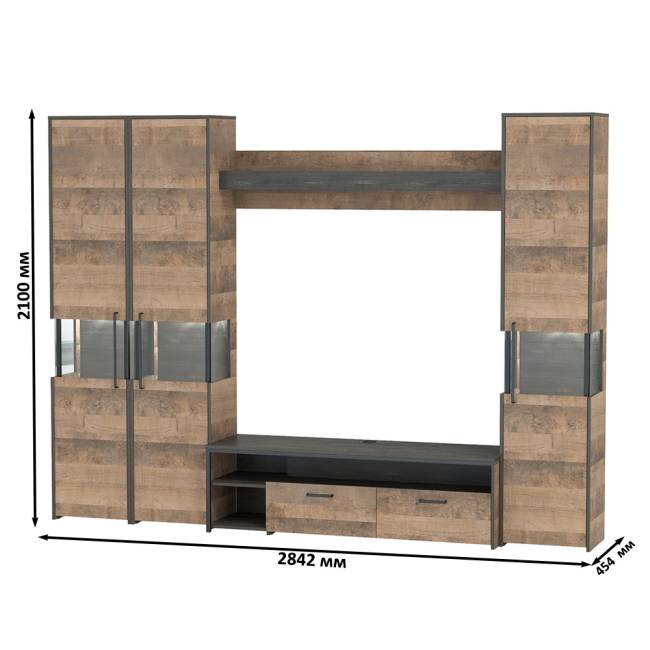 Три пенала-витрины в стиле лофт с подсветкой и тумба под ТВ Трувор цвет дуб гранж песочный/интра