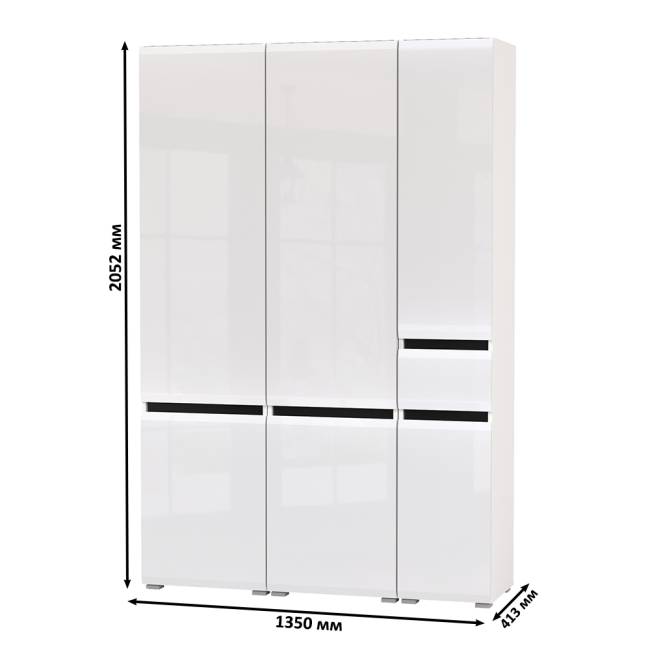 Два шкафа Сидней с дверками и один шкаф Сидней с ящиком цвет белый/чёрный/МДФ белый глянец