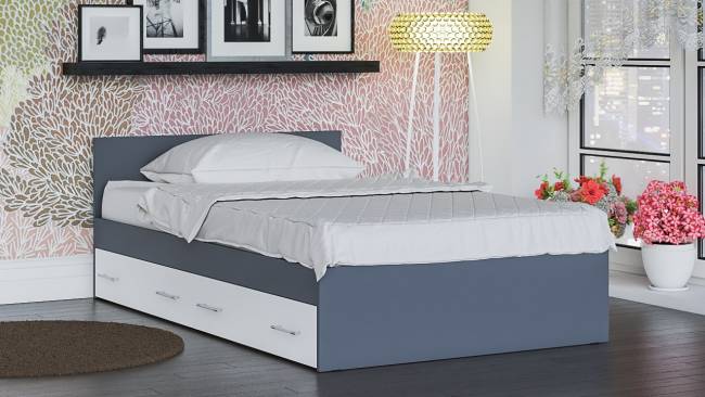 Кровать с ящиками для белья Мори 1200 цвет графит/белый