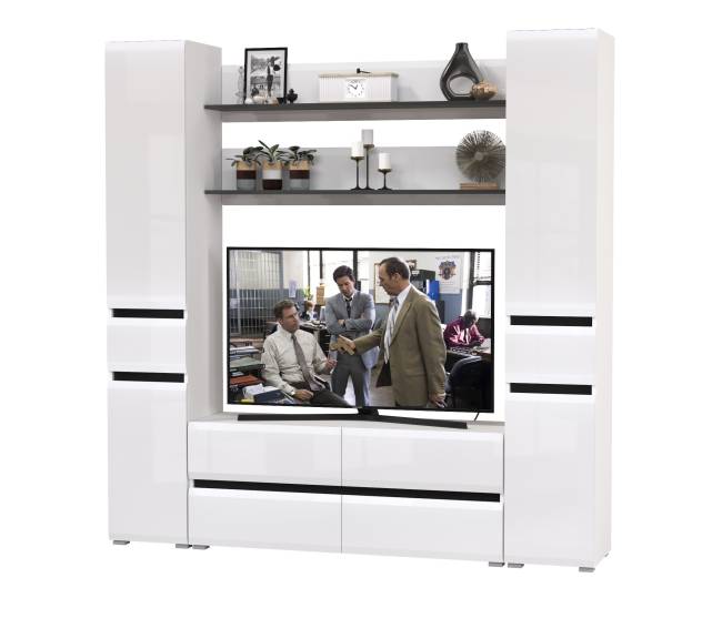 Два пенала с ящиком с двумя полочками и ТВ-тумбой Сидней цвет белый/чёрный/МДФ белый глянец