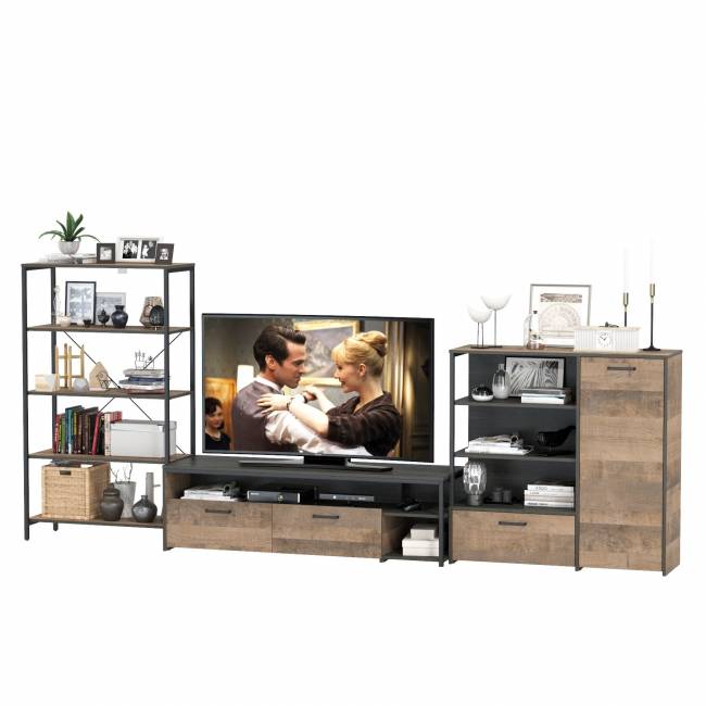 Комод с дверкой и ящиком с ТВ-тумбой для гостиной Трувор и открытый стеллаж с полками цвет дуб гранж песочный/интра Комод с дверкой и ящиком с ТВ-тумбой для гостиной Трувор и открытый стеллаж с полками цвет дуб гранж песочный/интра