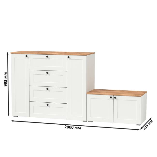 Комод Остин 16.221 с тумбой две дверки цвет белый шагрень/дуб крафт золотой