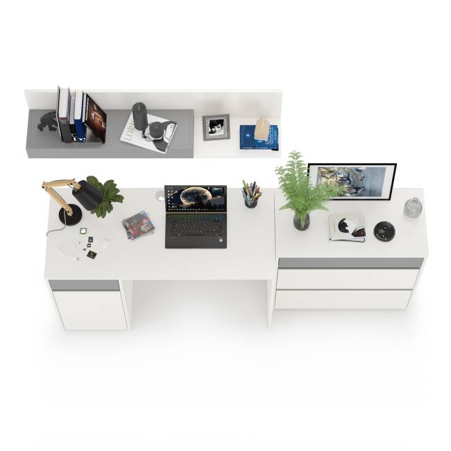 Стол компьютерный с верхней полкой и комодом Торонто цвет белый шагрень/стальной серый
