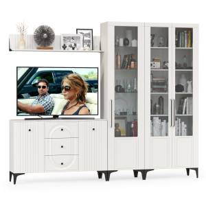 Комод для ТВ-аппаратуры с навесной полкой и широкий сервант Валенсия цвет белый шагрень