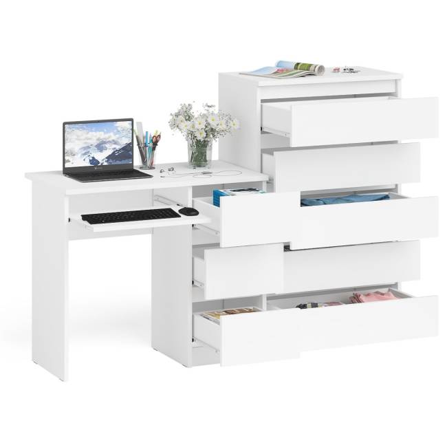 Высокий комод Мори на 700 5 ящиков и компьютерный стол Мори МС-6 тумба справа цвет белый Высокий комод Мори на 700 5 ящиков и компьютерный стол Мори МС-6 тумба справа цвет белый