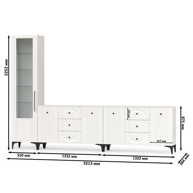 Пенал со стеклом и два комода под ТВ Валенсия цвет белый шагрень