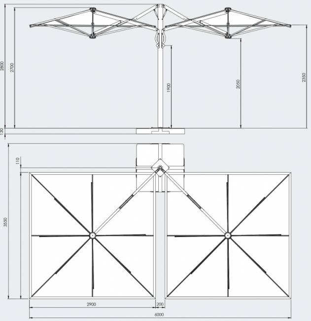 Зонт профессиональный двухкупольный 2.9х6 м Galaxia Dual V Timber имитация ироко, слоновая кость 2900х6000 мм