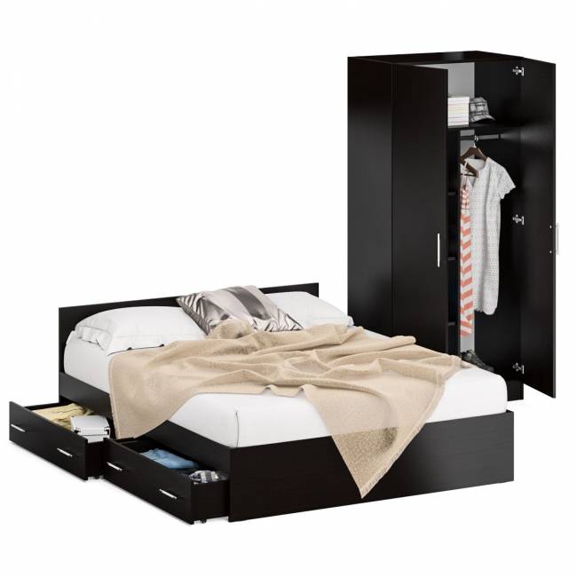 Двуспальная кровать с ящиками 1600 со шкафом для одежды 2-х створчатым Стандарт цвет венге