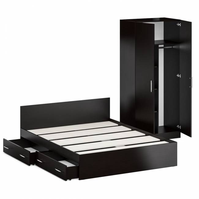 Двуспальная кровать с ящиками 1600 со шкафом для одежды 2-х створчатым Стандарт цвет венге