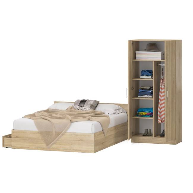 Двуспальная кровать с ящиками 1600 со шкафом для одежды 2-х створчатым Стандарт цвет дуб сонома