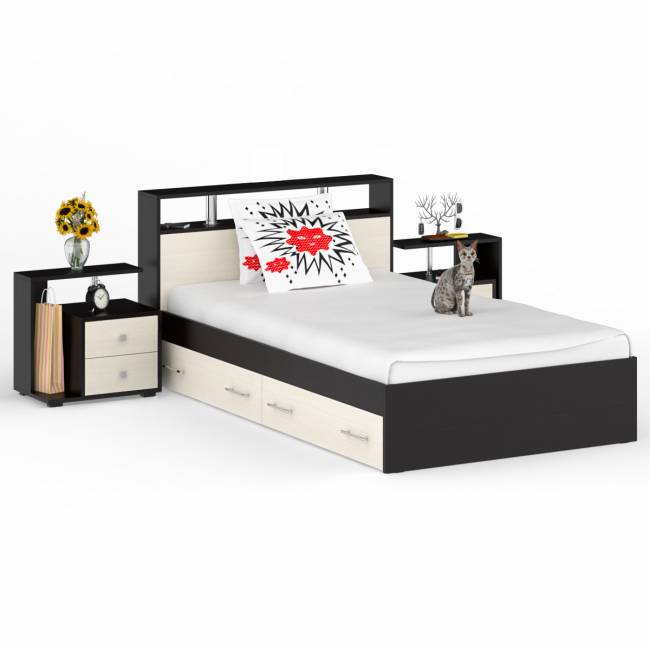 Кровать 1200 Камелия + две тумбы цвет венге/дуб лоредо