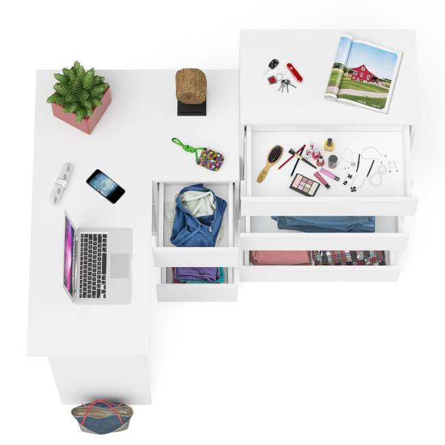 Высокий комод 700 пять ящиков и угловой компьютерный стол МС-16 правый серии Мори цвет белый