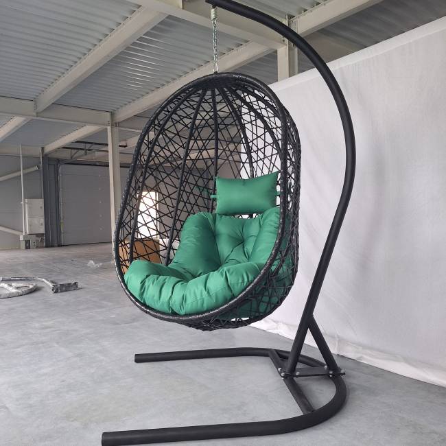 Кресло подвесное Кокон XL (стойка+основание.черн.,корзн.черн.,подуш тём-зеленый)