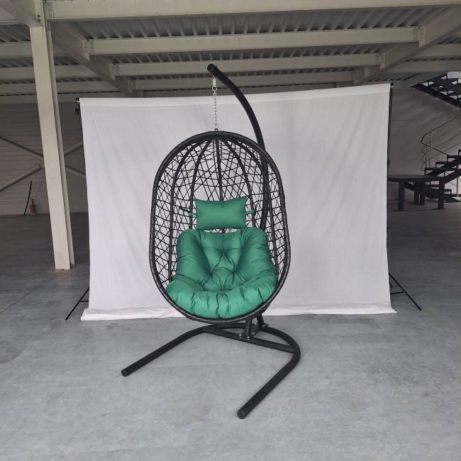 Кресло подвесное Кокон XL (стойка+основание.черн.,корзн.черн.,подуш тём-зеленый)