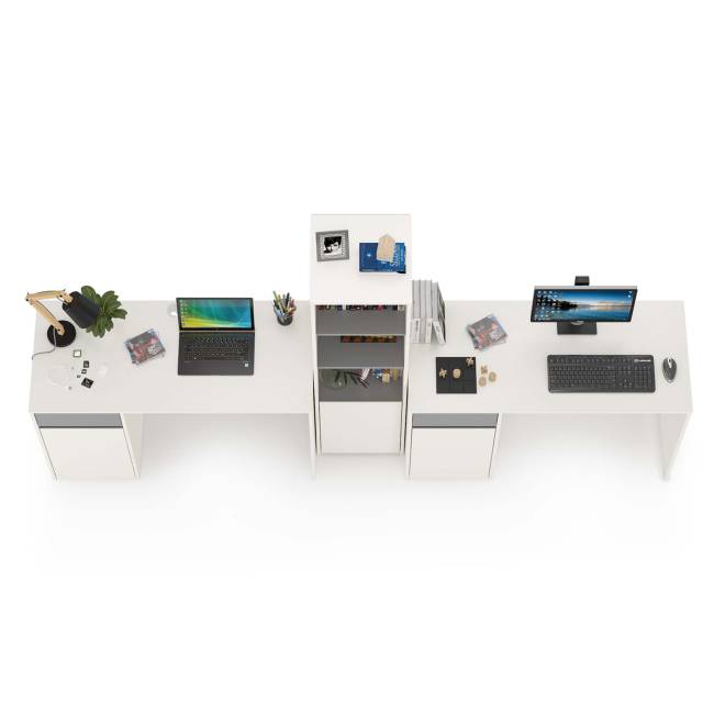 Два письменных стола и открытый стеллаж Торонто цвет белый шагрень/стальной серый