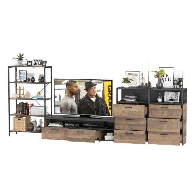 Стеллаж открытый с ТВ-тумбой и двумя комодами с тремя ящиками Трувор № 98 цвет дуб гранж песочный/интра