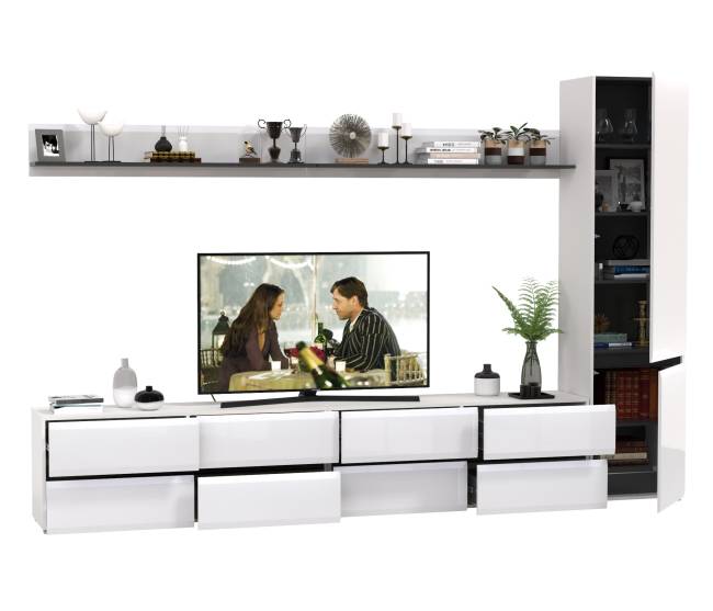 Две ТВ-тумбы с двумя навесными полочками и шкафом с полками Сидней цвет белый/чёрный/МДФ белый глянец