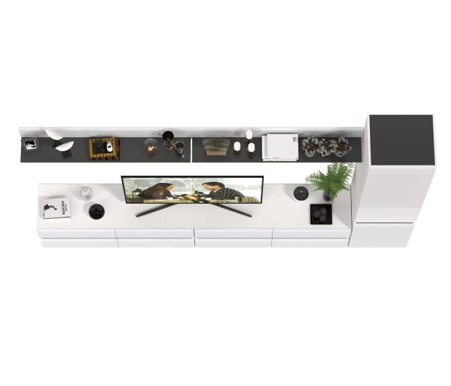 Две ТВ-тумбы с двумя навесными полочками и шкафом с полками Сидней цвет белый/чёрный/МДФ белый глянец