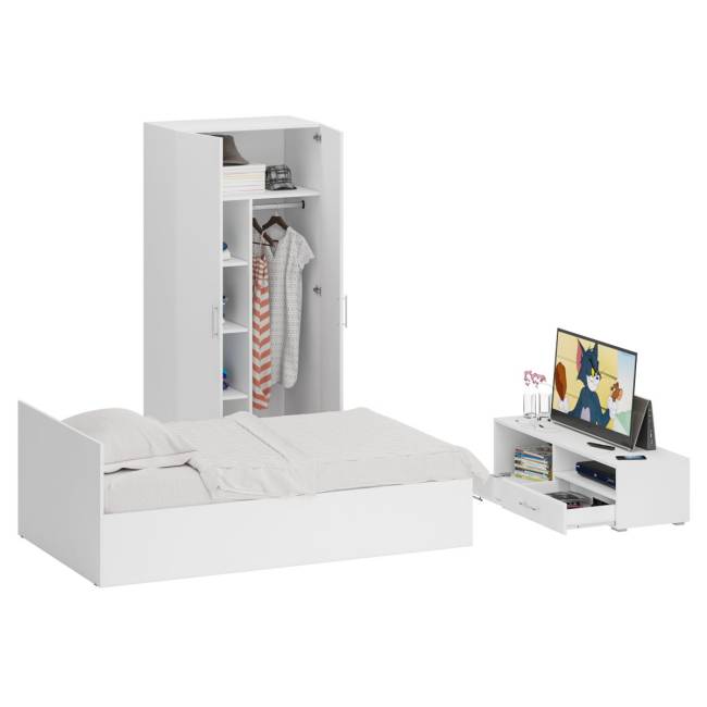 Спальня белая Стандарт № 3 с кроватью 1200 цвет белый/фасады ТВ тумбы МДФ белый глянец