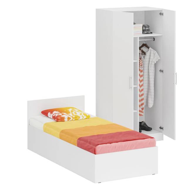 Кровать белая односпальная 900 со шкафом для одежды 2-х створчатым Стандарт цвет белый