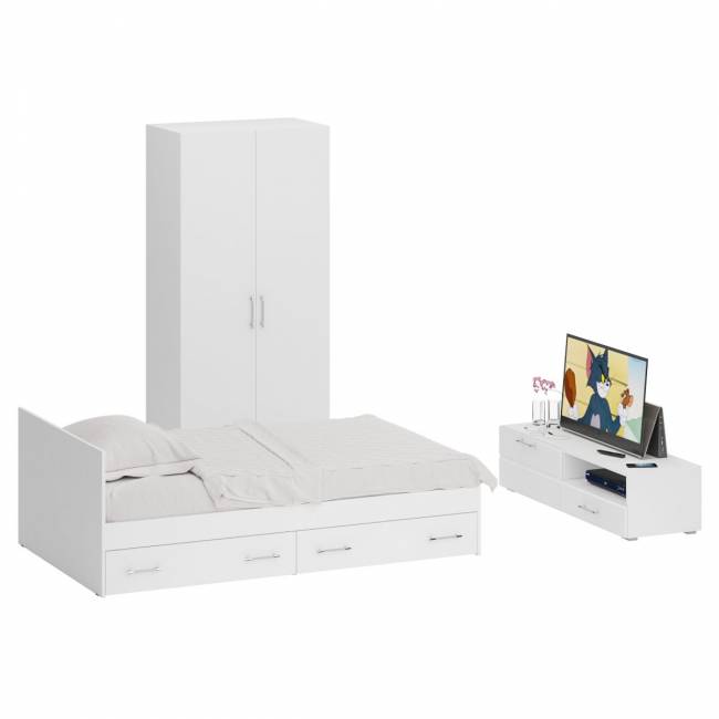 Спальня белая Стандарт № 3 с кроватью 1200 с ящиками цвет белый/фасады ТВ тумбы МДФ белый глянец Спальня белая Стандарт № 3 с кроватью 1200 с ящиками цвет белый/фасады ТВ тумбы МДФ белый глянец