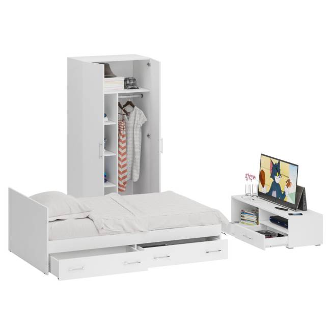 Спальня белая Стандарт № 3 с кроватью 1200 с ящиками цвет белый/фасады ТВ тумбы МДФ белый глянец Спальня белая Стандарт № 3 с кроватью 1200 с ящиками цвет белый/фасады ТВ тумбы МДФ белый глянец