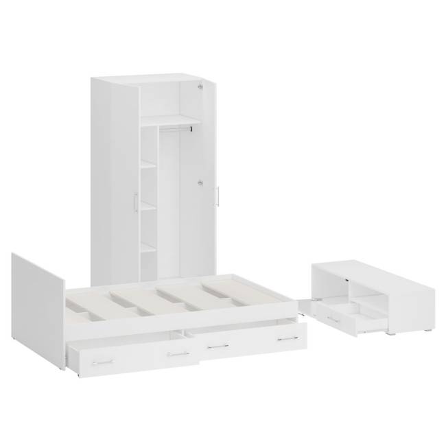 Спальня белая Стандарт № 3 с кроватью 1200 с ящиками цвет белый/фасады ТВ тумбы МДФ белый глянец Спальня белая Стандарт № 3 с кроватью 1200 с ящиками цвет белый/фасады ТВ тумбы МДФ белый глянец