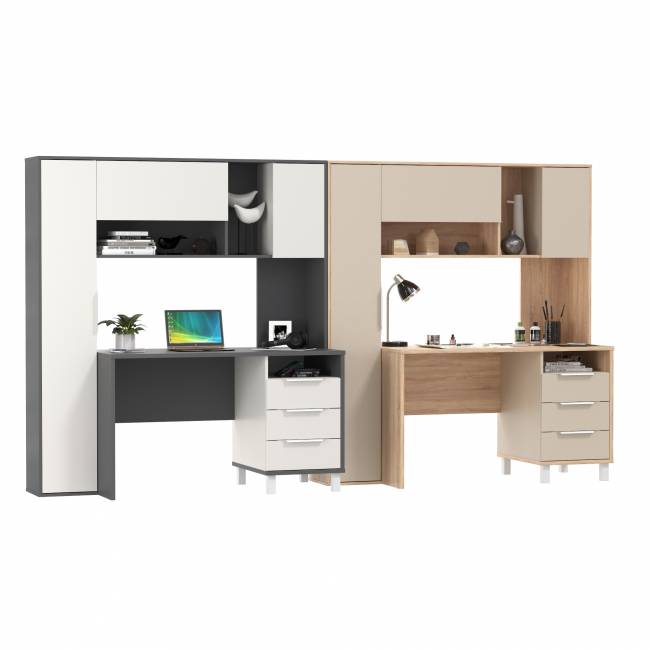 Два компьютерных стола с тумбой и надстройкой Комфорт 12.95N цвет дуб сонома/сатин/тёмно-серый/белый премиум