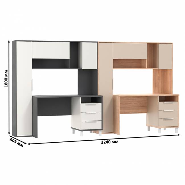 Два компьютерных стола с тумбой и надстройкой Комфорт 12.95N цвет дуб сонома/сатин/тёмно-серый/белый премиум