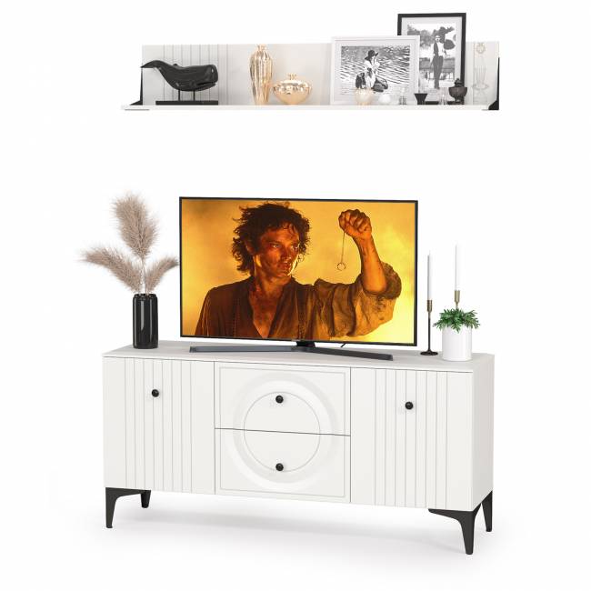 Тумба для ТВ с навесной полкой Валенсия цвет белый шагрень