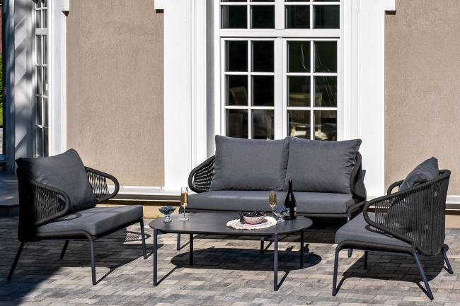 "Милан" лаунж-зона 4-местная плетеная из роупа (веревки), каркас алюминиевый темно-серый, роуп темно-серый "Милан" лаунж-зона 4-местная плетеная из роупа (веревки), каркас алюминиевый темно-серый, роуп темно-серый