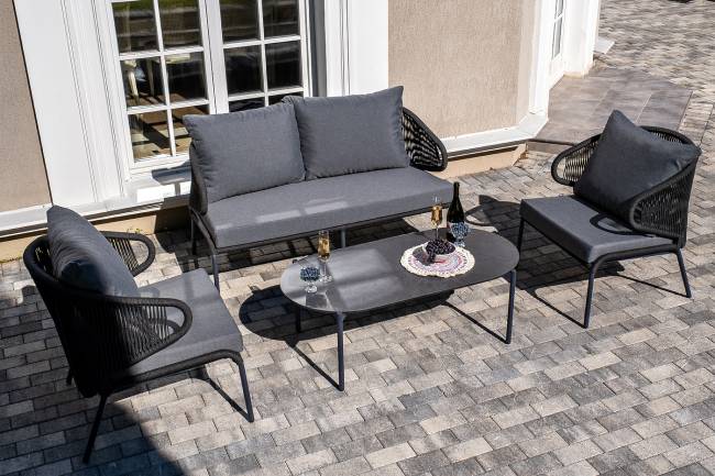 "Милан" лаунж-зона 4-местная плетеная из роупа (веревки), каркас алюминиевый темно-серый, роуп темно-серый "Милан" лаунж-зона 4-местная плетеная из роупа (веревки), каркас алюминиевый темно-серый, роуп темно-серый