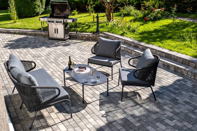 "Милан" лаунж-зона 4-местная плетеная из роупа (веревки), каркас алюминиевый темно-серый, роуп темно-серый "Милан" лаунж-зона 4-местная плетеная из роупа (веревки), каркас алюминиевый темно-серый, роуп темно-серый