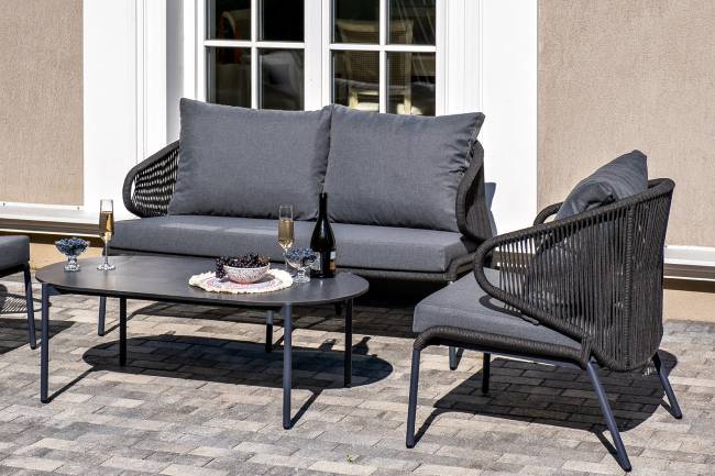 "Милан" лаунж-зона 4-местная плетеная из роупа (веревки), каркас алюминиевый темно-серый, роуп темно-серый "Милан" лаунж-зона 4-местная плетеная из роупа (веревки), каркас алюминиевый темно-серый, роуп темно-серый