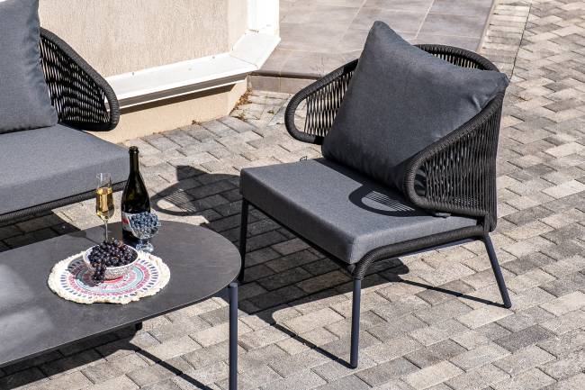 "Милан" лаунж-зона 4-местная плетеная из роупа (веревки), каркас алюминиевый темно-серый, роуп темно-серый "Милан" лаунж-зона 4-местная плетеная из роупа (веревки), каркас алюминиевый темно-серый, роуп темно-серый