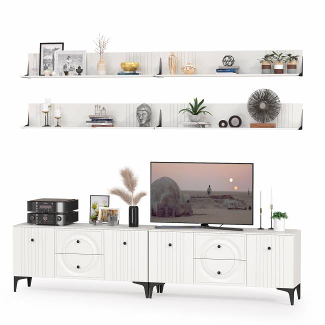 Две ТВ-тумбы и четыре навесных полки Валенсия цвет белый шагрень Две ТВ-тумбы и четыре навесных полки Валенсия цвет белый шагрень