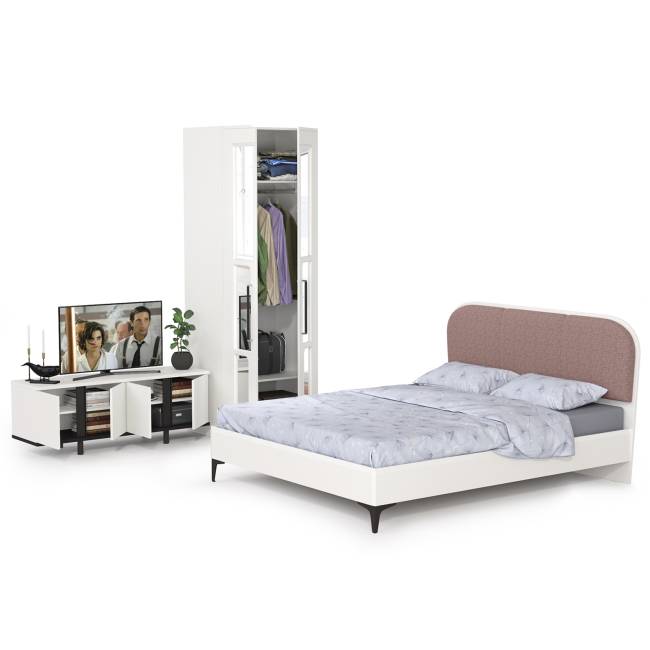 Кровать двуспальная Валенсия со шкафом и ТВ тумбой Квадро цвет белый шагрень/чёрный/ткань велутто 19