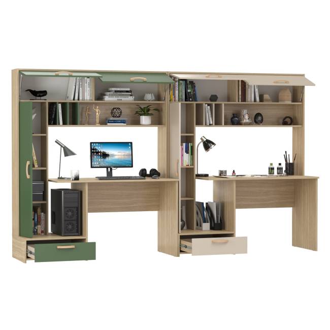 Письменные столы для двоих человек Лайт 03.243Н с открытыми полочками цвет плэйн/дымчатый зелёный/плэйн/сатин