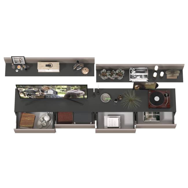 Две ТВ-тумбы с двумя навесными открытыми полками Сидней цвет антрацит/МДФ веллюто капучино