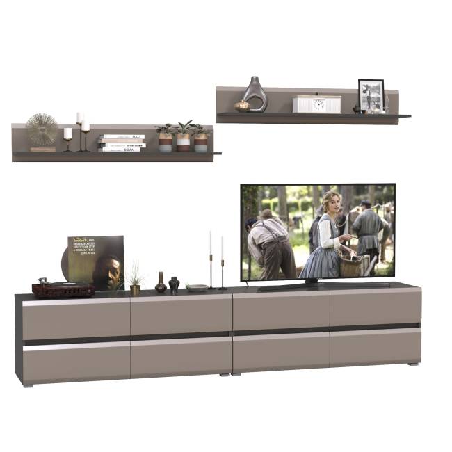 Две ТВ-тумбы с двумя навесными открытыми полками Сидней цвет антрацит/МДФ веллюто капучино
