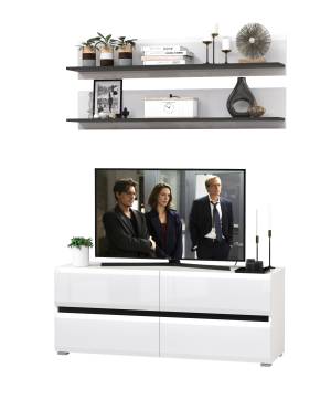 Две открытых полочки с тумбой для аппаратуры Сидней цвет белый/чёрный/МДФ белый глянец