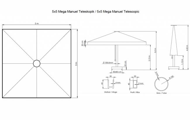 Зонт профессиональный 5х5 м Mega Telescopic Manual 5000х5000 мм Зонт профессиональный 5х5 м Mega Telescopic Manual 5000х5000 мм